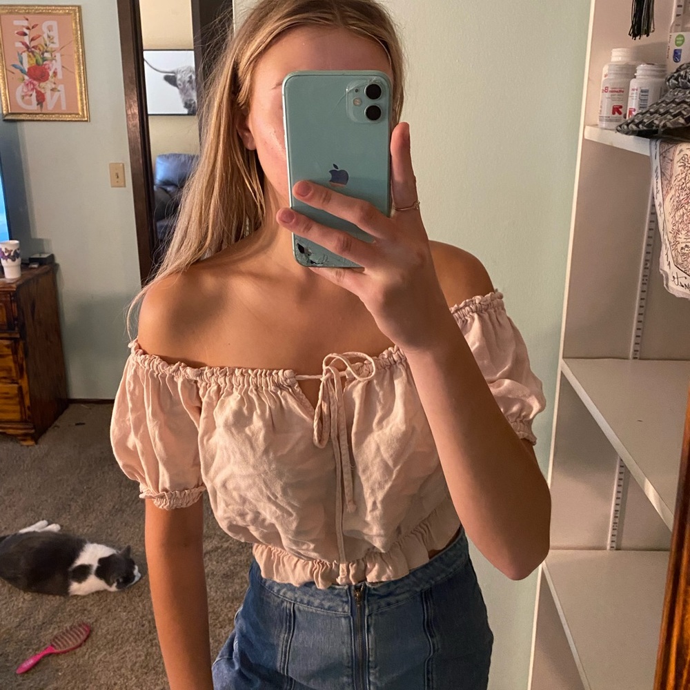 Baby Pink Flowey off the Shoulder Drawstring Top John Gulf